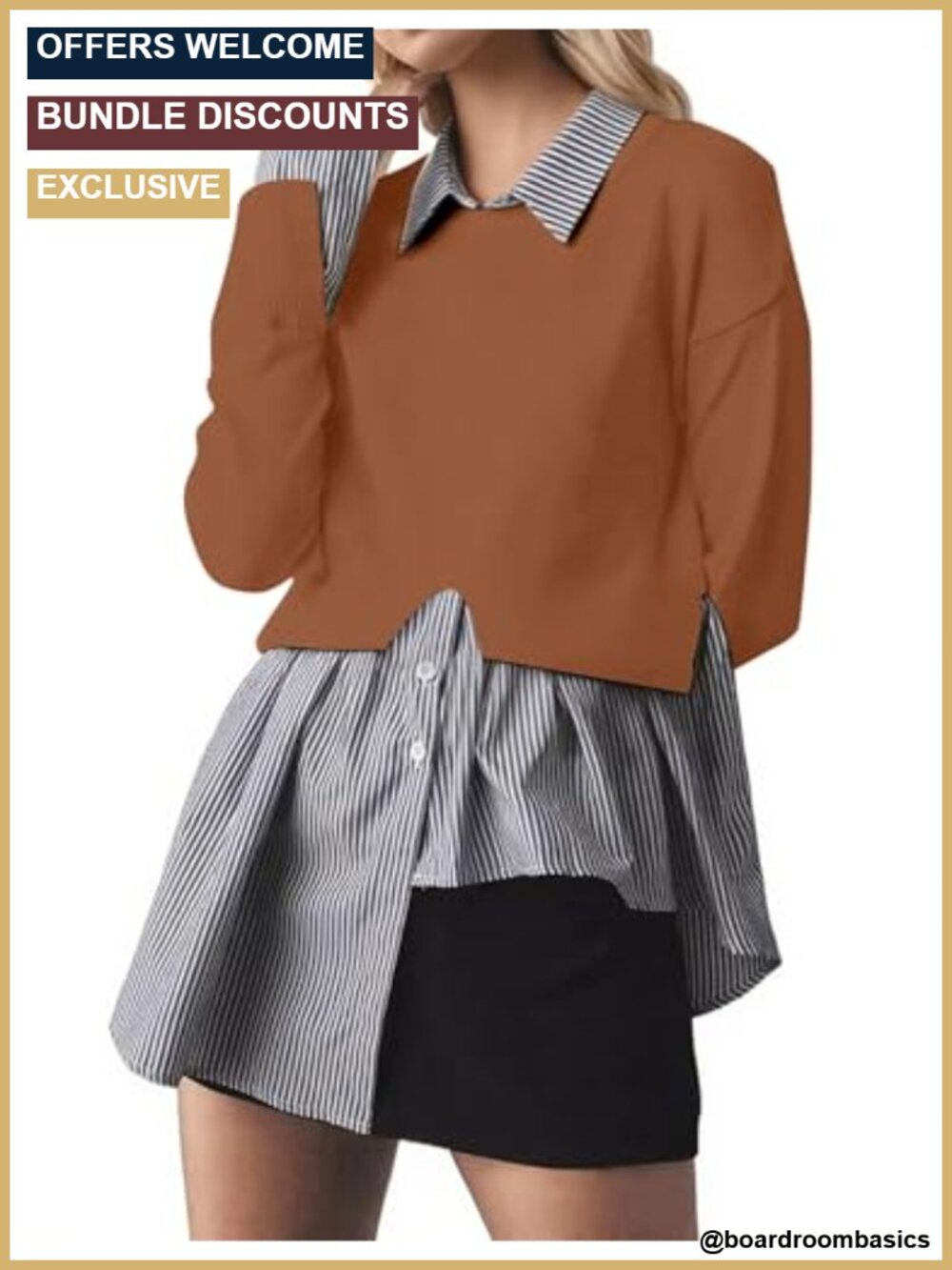 Women's Lapel Collar Slit Patchwork Sweater 2 in 1 Button Down Knit Pullover